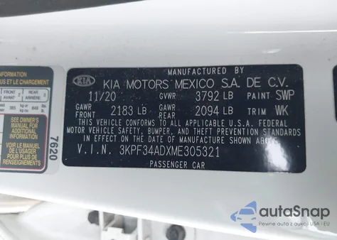 2021 Kia Forte Gt-Line из США, поврежденный, VIN 3KPF34ADXME305321